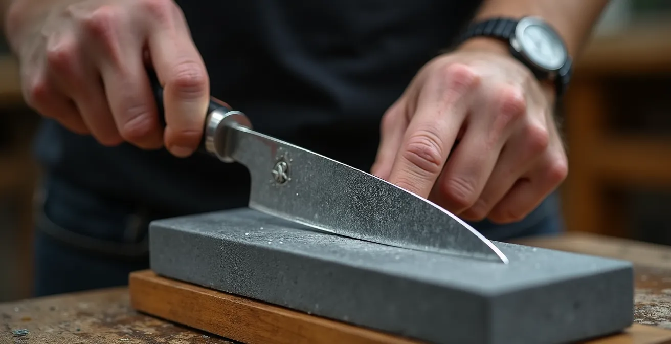 Nahaufnahme einer Hand, die ein Damastmesser im perfekten 15-Grad-Winkel über einen nassen Schleifstein führt.