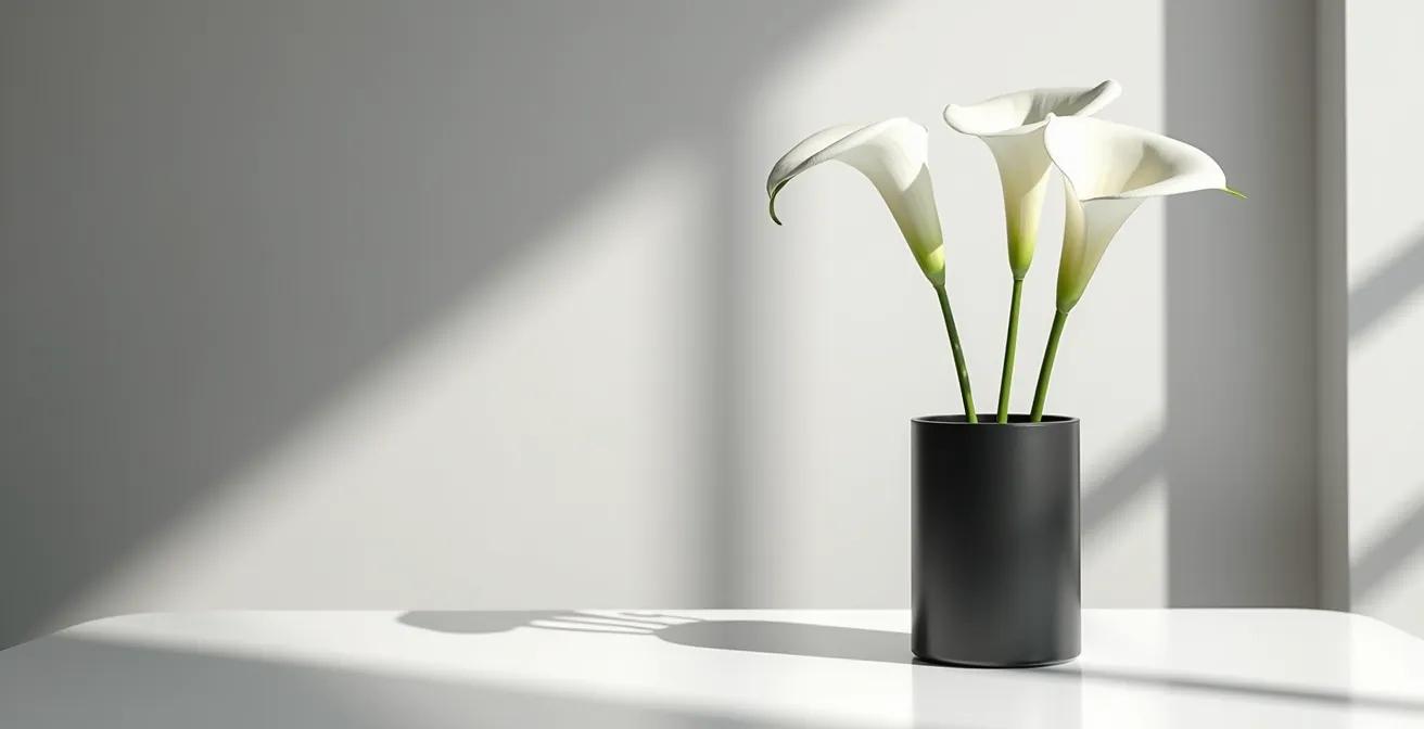 Minimalistische Tischdekoration mit einzelner Calla-Lilie