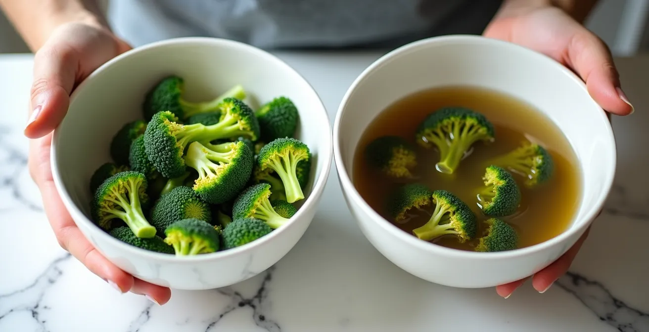 Leuchtend grüner Brokkoli mit sichtbarem Dampf und Vitaminsymbolen