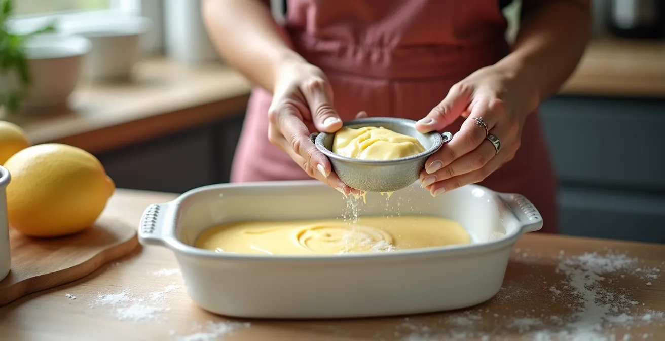 Nahaufnahme einer Hand die Butter und Mehl in eine Keramikform aufträgt