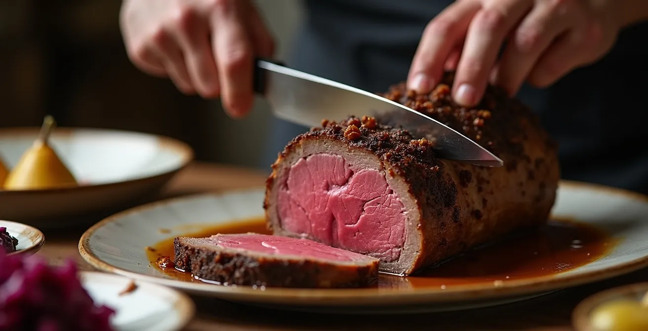 Hirschbraten mit Kaffeekruste und traditionellen Beilagen