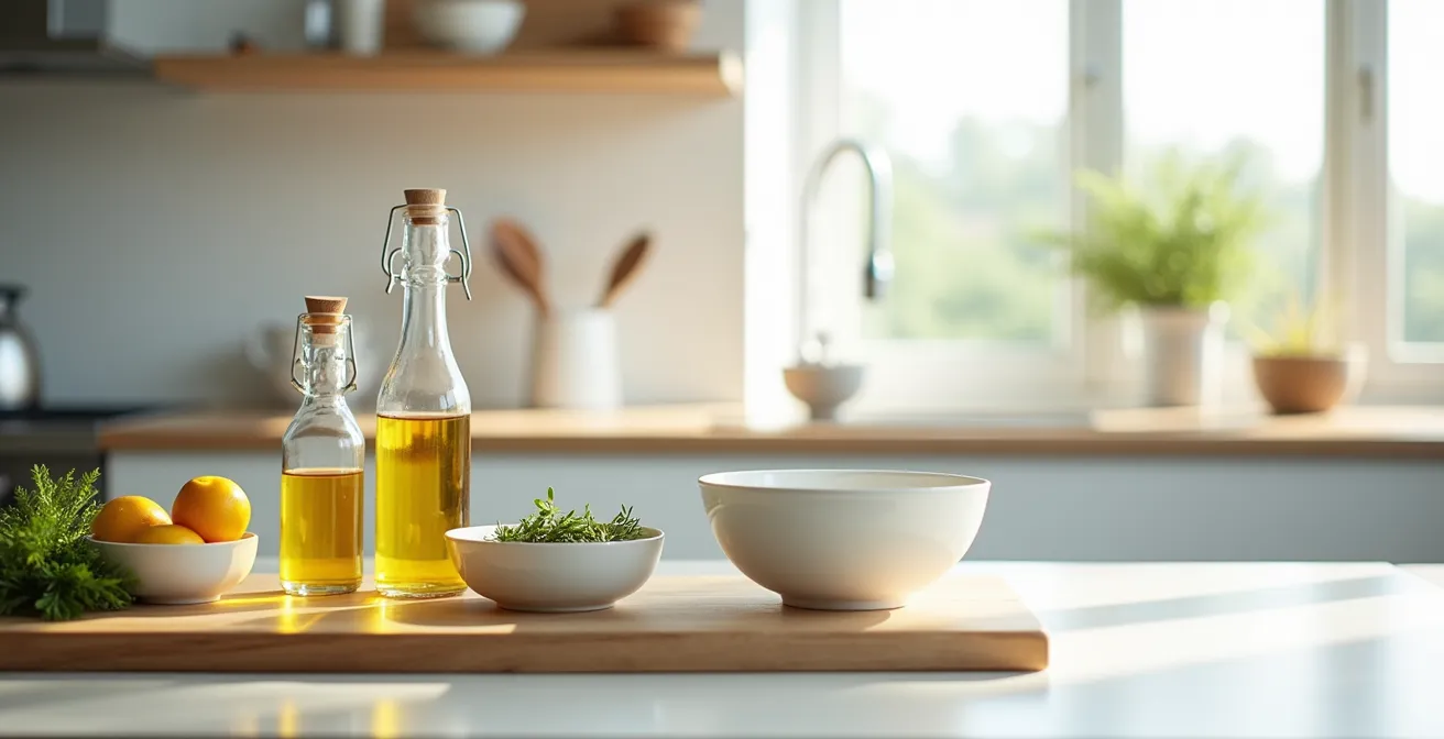 Minimalistische Aufnahme von Dressing-Zutaten und Zubereitung in einer Küche