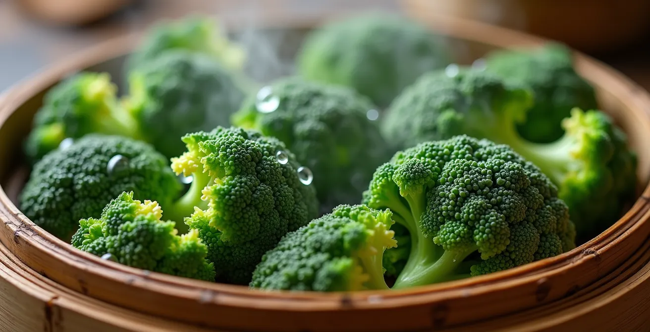 Makroaufnahme von Brokkoli im Dampfgarer mit sichtbaren Wassertropfen, die den schonenden Garprozess symbolisieren