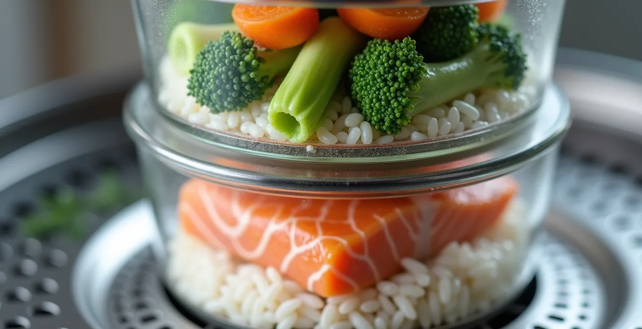 Mehrstöckiger Dampfgarer mit Fisch, Reis und Gemüse auf verschiedenen Ebenen