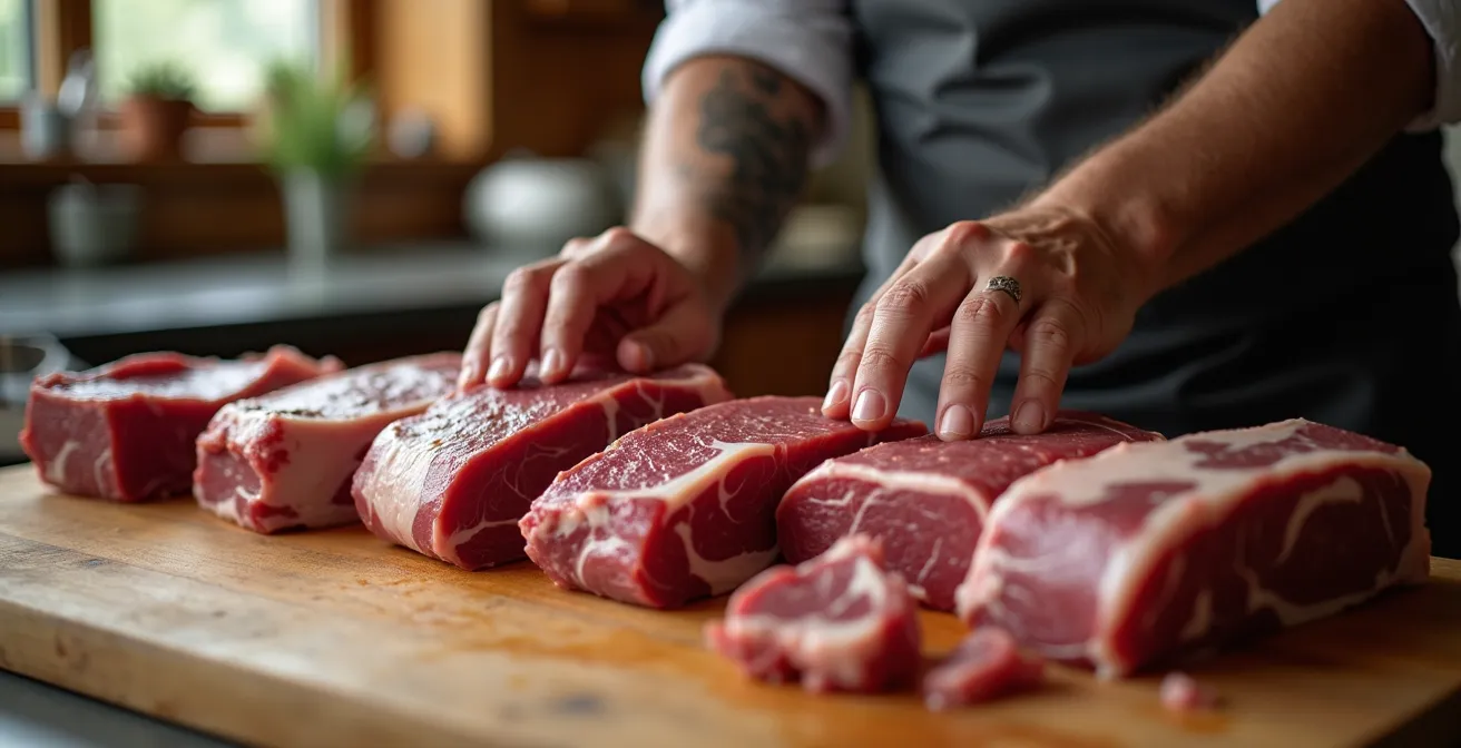 Verschiedene Second Cuts vom Rind auf traditioneller deutscher Metzgertheke arrangiert