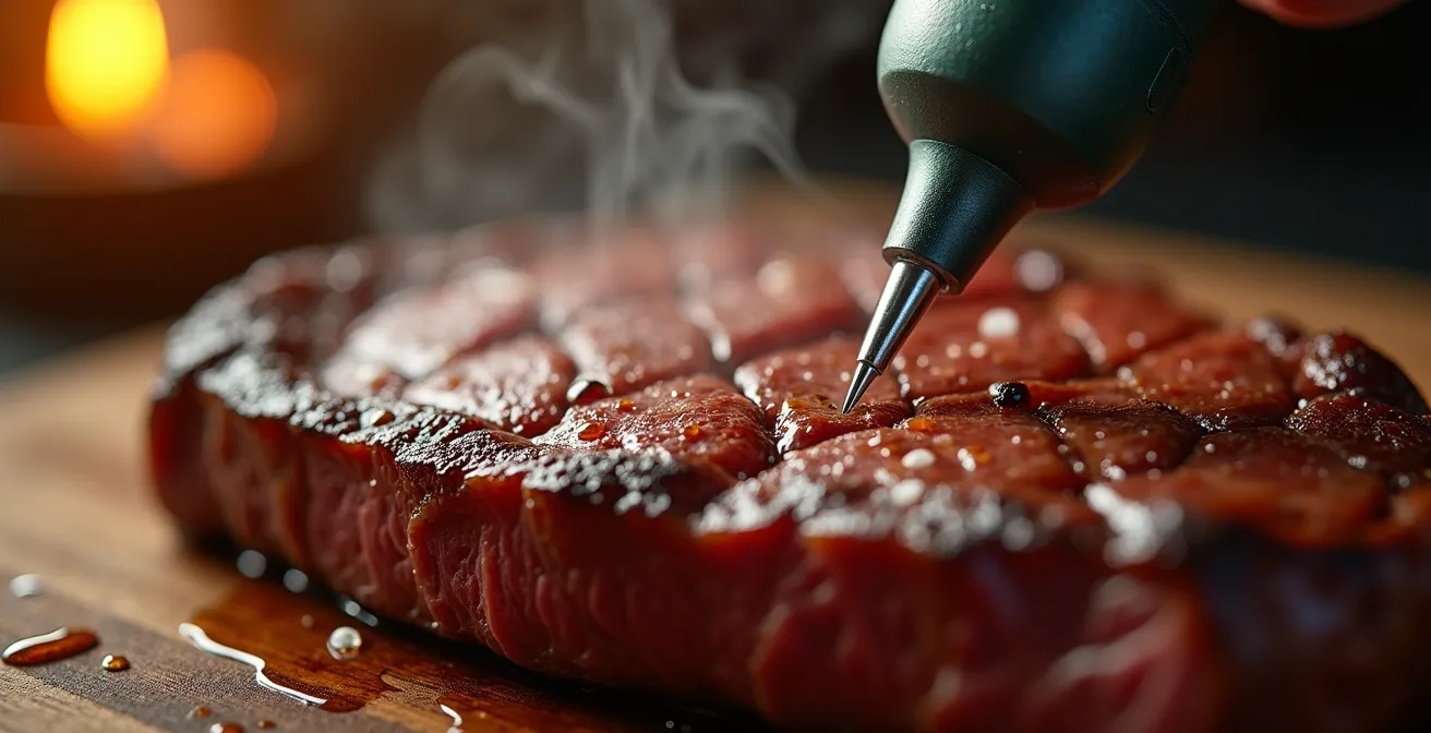 Digitales Fleischthermometer zeigt 54 Grad Celsius bei der Messung eines perfekt gegarten Steaks