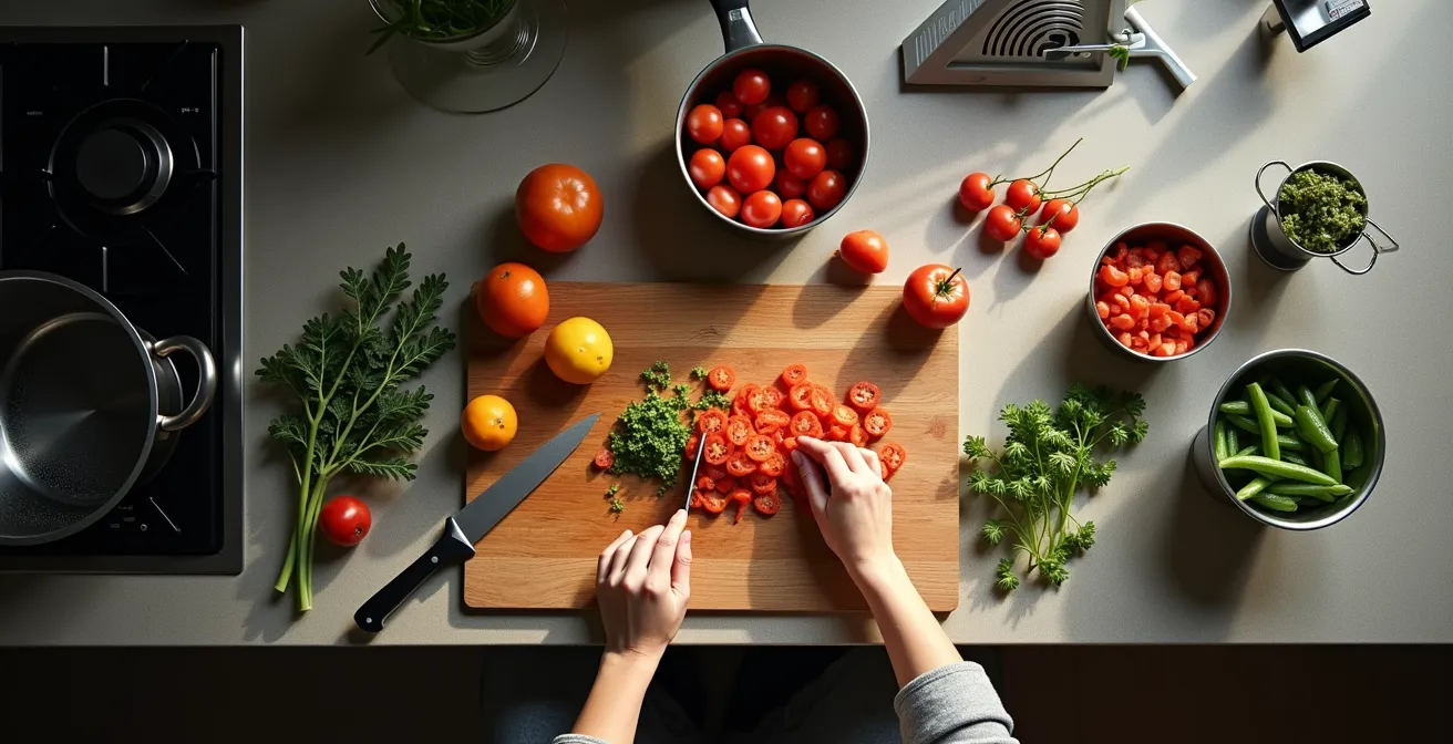 Vogelperspektive auf Küchenarbeitsplatz mit Effizienz-Dreieck zwischen Herd, Spüle und Arbeitsfläche