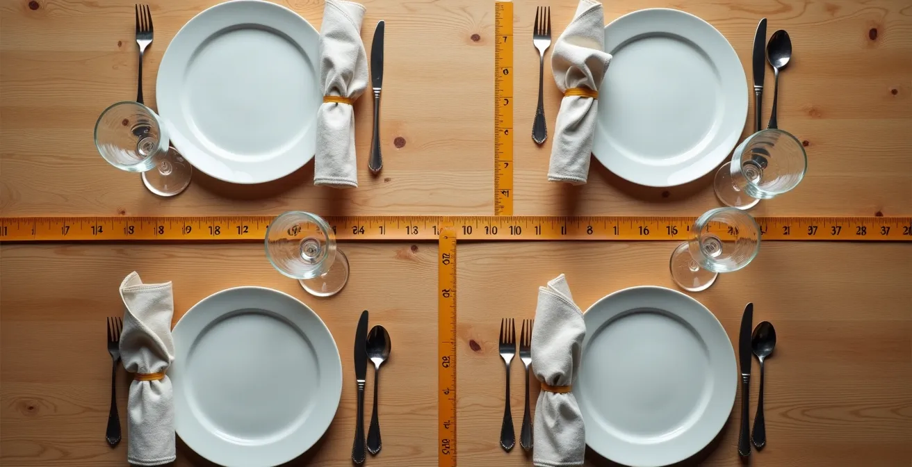 Vogelperspektive eines Esstisches mit markierten 60cm Abständen zwischen Gedecken