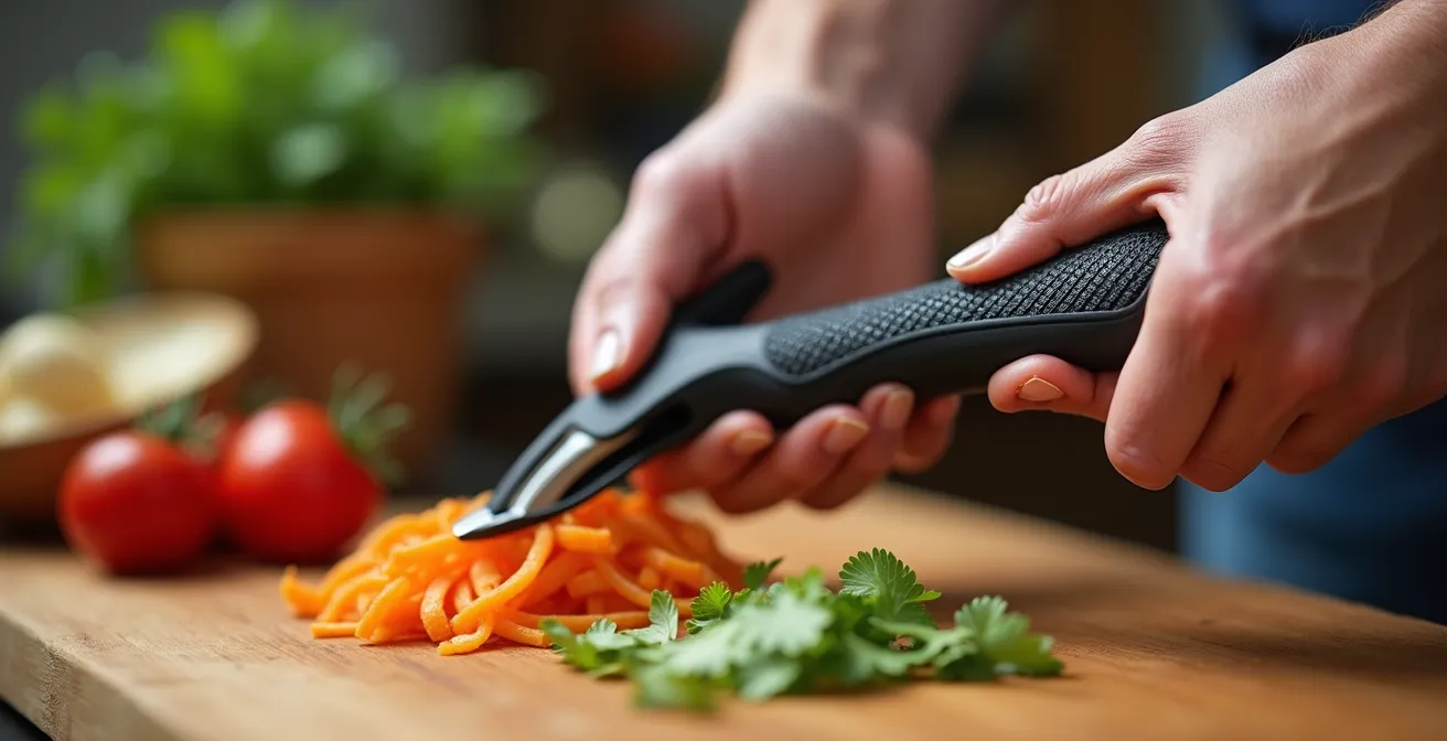 Makroaufnahme eines ergonomischen Y-Schälers mit weichem Griff