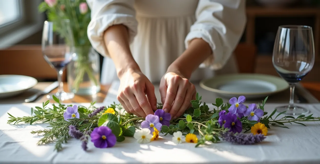 Frische essbare Blüten und Kräuter als elegante Tischdekoration
