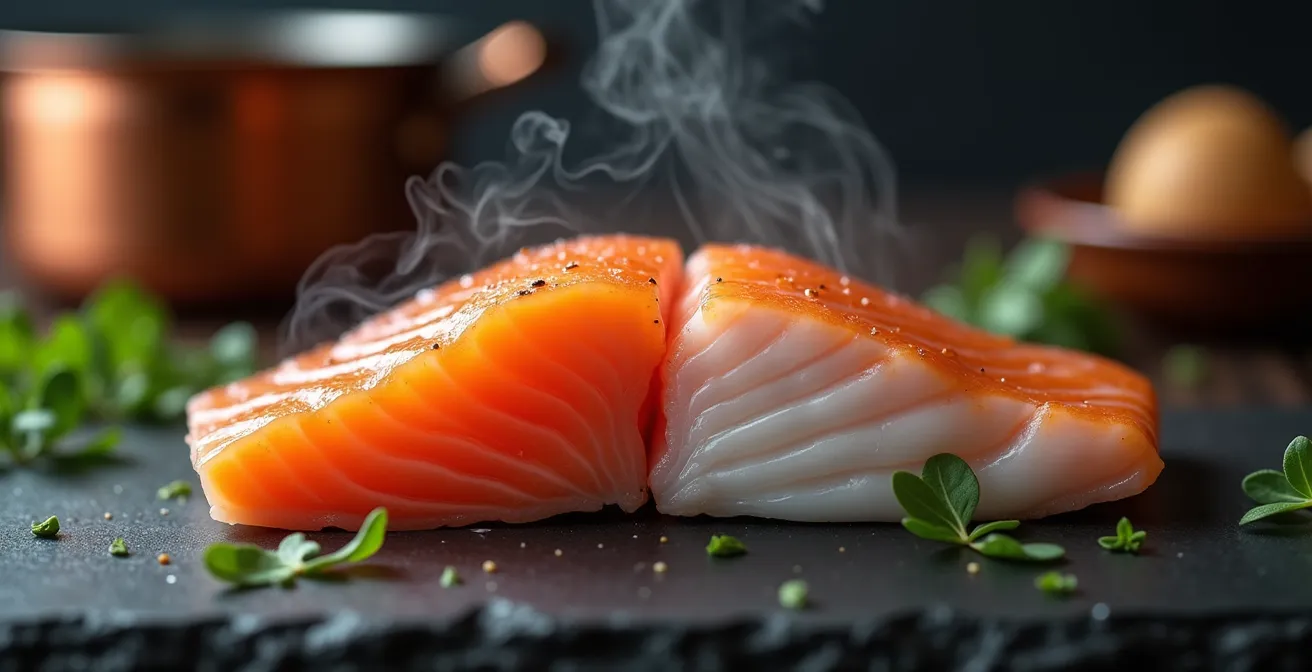 Fischfilet zeigt den Übergang von glasig zu opak beim sanften Garen