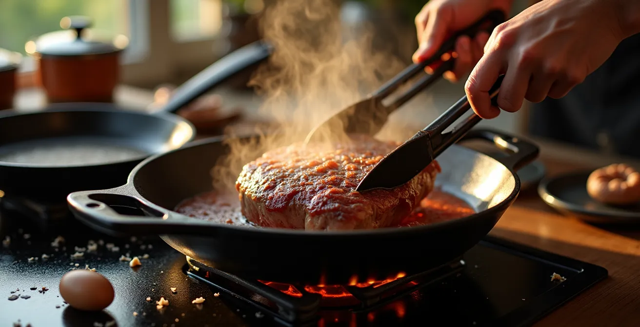 Rinderbraten wird in heißer Pfanne angebraten mit sichtbaren Röstaromen