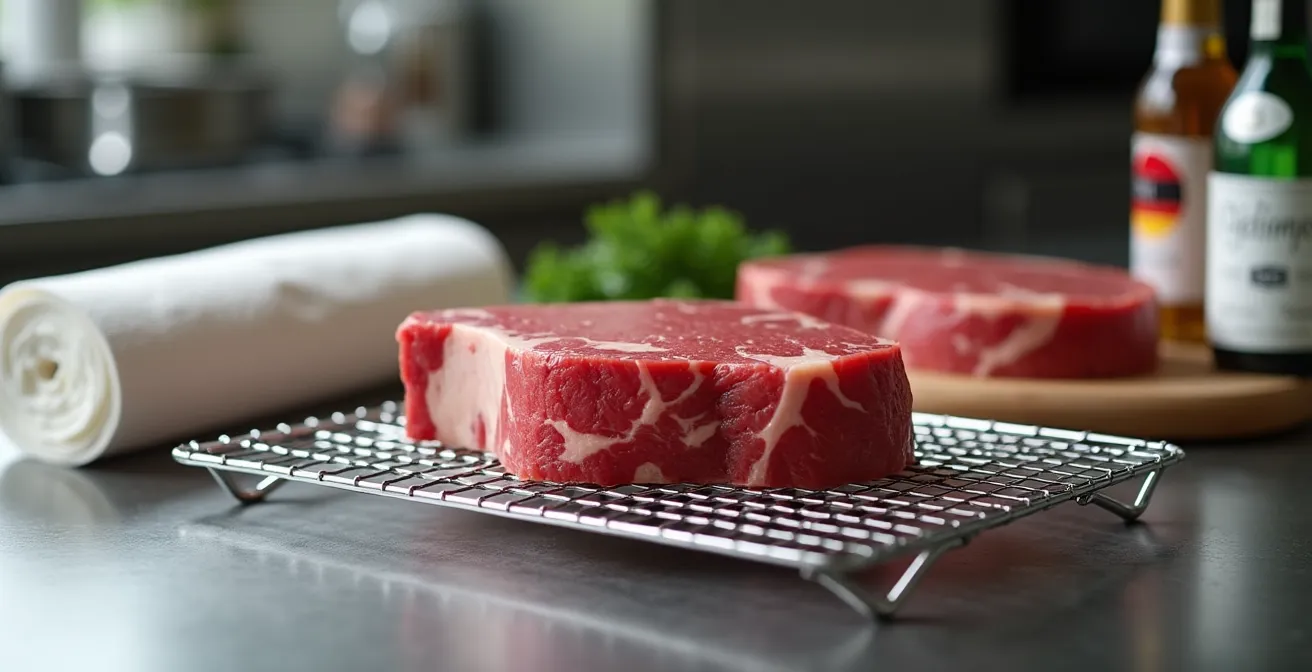 Rohes Steak auf Gitterrost mit Küchenpapier zum Trockentupfen