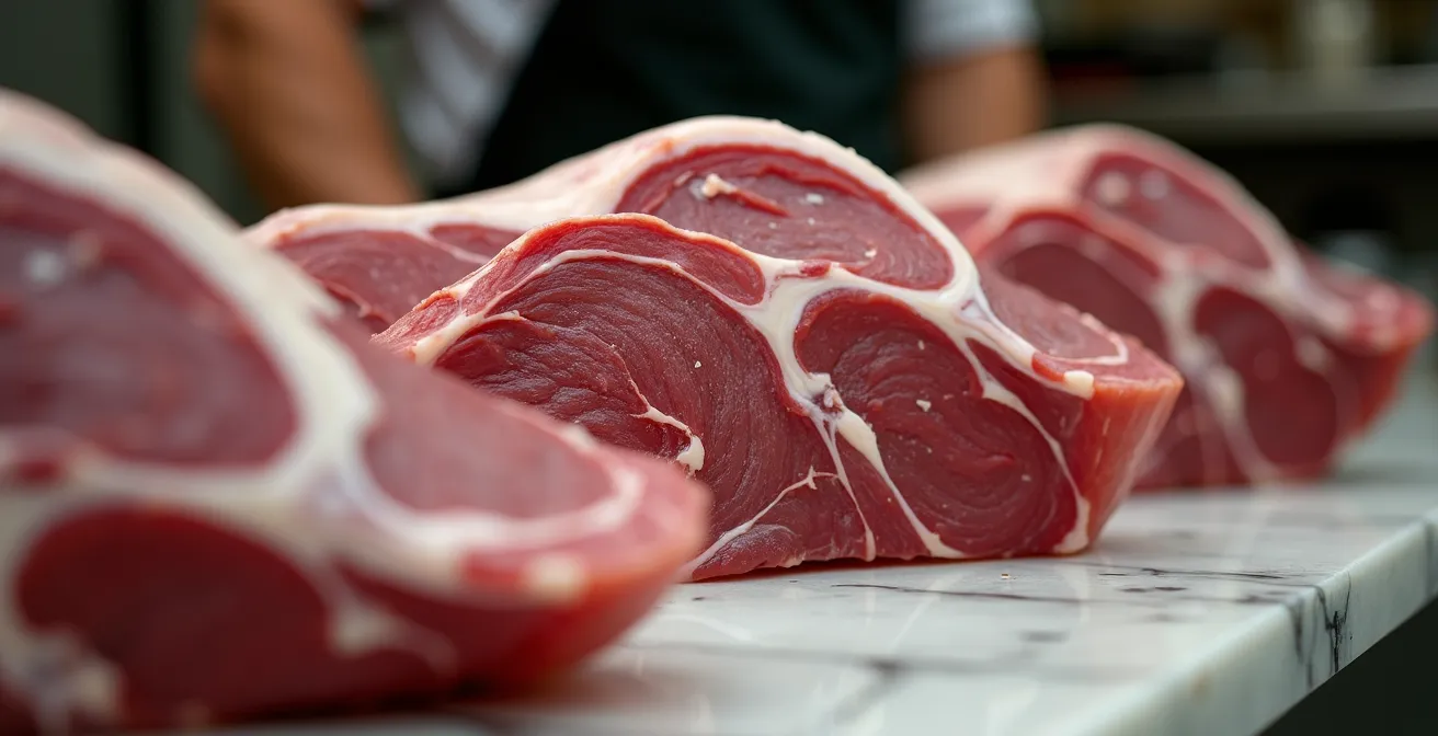 Verschiedene Fleischstücke beim Metzger mit sichtbarer Marmorierung