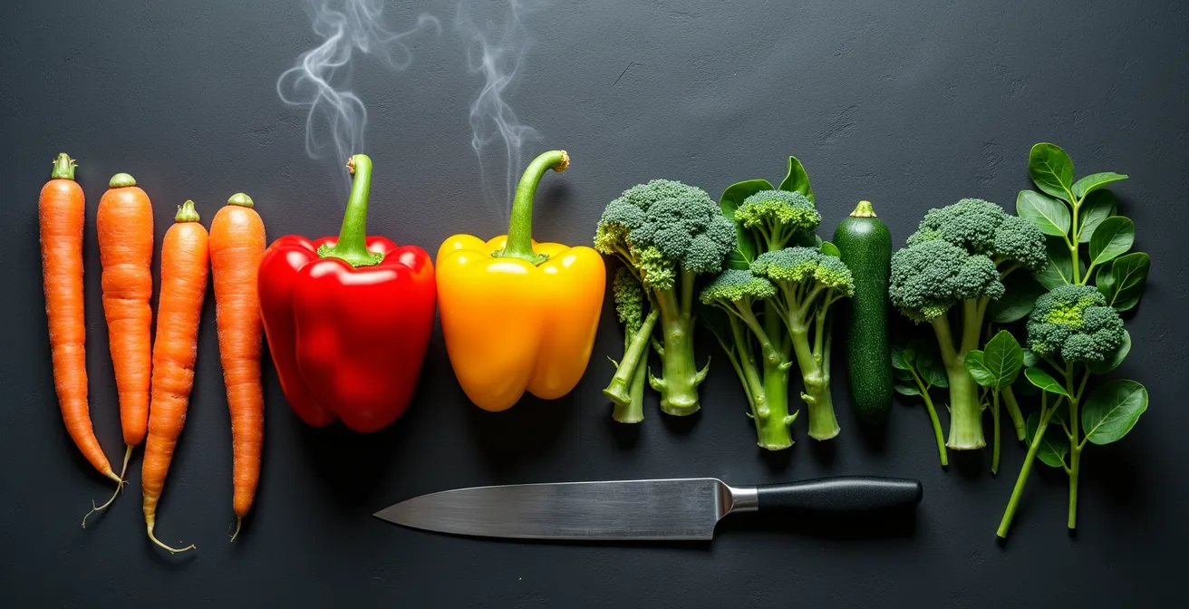 Verschiedene Gemüsesorten mit unterschiedlichen Garzeiten für One-Pot-Gerichte, die eine Zeitachse symbolisieren.