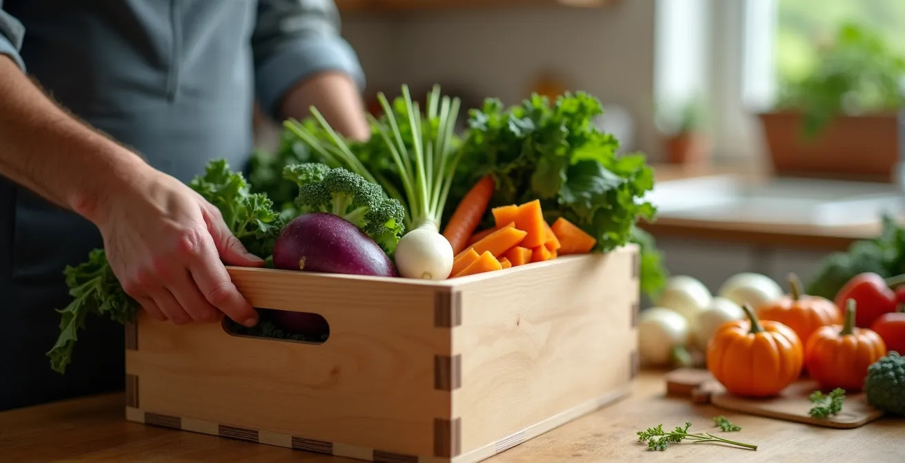 Eine frische Gemüsekiste mit buntem, saisonalem Gemüse wird auf einem Küchentisch ausgepackt.