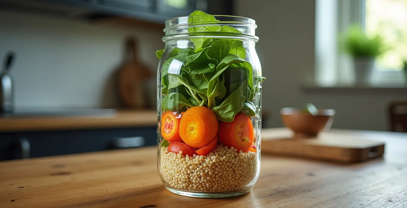 Makroaufnahme eines geschichteten Salats im Einmachglas mit sichtbaren Ebenen
