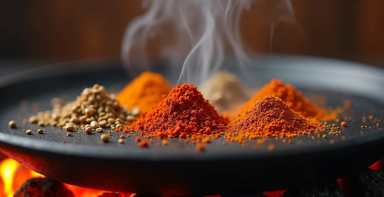 Makroaufnahme von Kümmel und Paprika auf einer heißen gusseisernen Plancha mit aufsteigendem Dampf