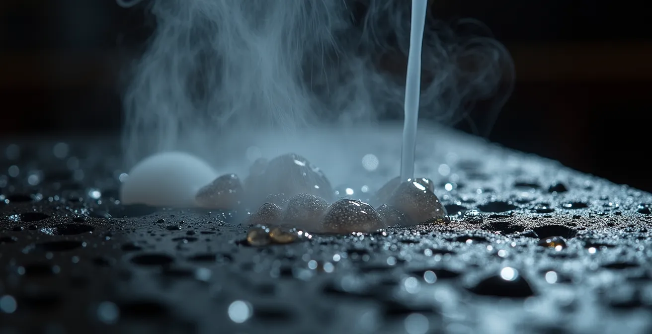 Makroaufnahme der texturierten Oberfläche einer Gusseisenpfanne, auf die ein Wassertropfen trifft und sofort verdampft