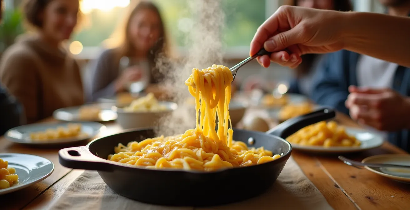 Gusseisenpfanne mit dampfenden Käsespätzle auf einem rustikalen deutschen Holztisch serviert