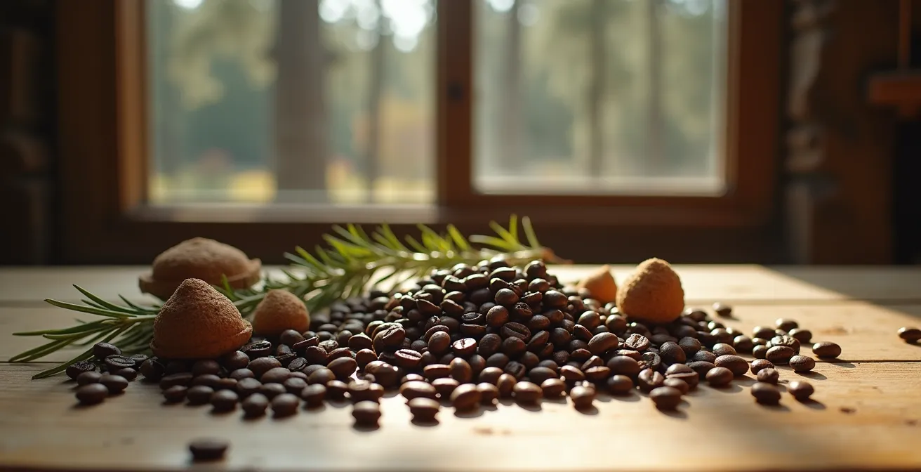 Kaffeebohnen neben Wildgewürzen und herbstlichen Beeren