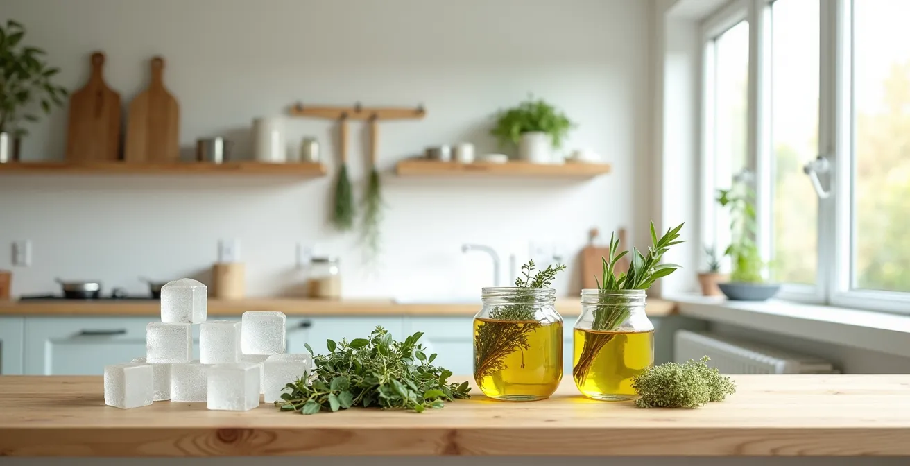 Verschiedene Konservierungsmethoden für Kräuter - Einfrieren, Trocknen und Einlegen in Öl, dargestellt auf einer hellen Küchentheke.