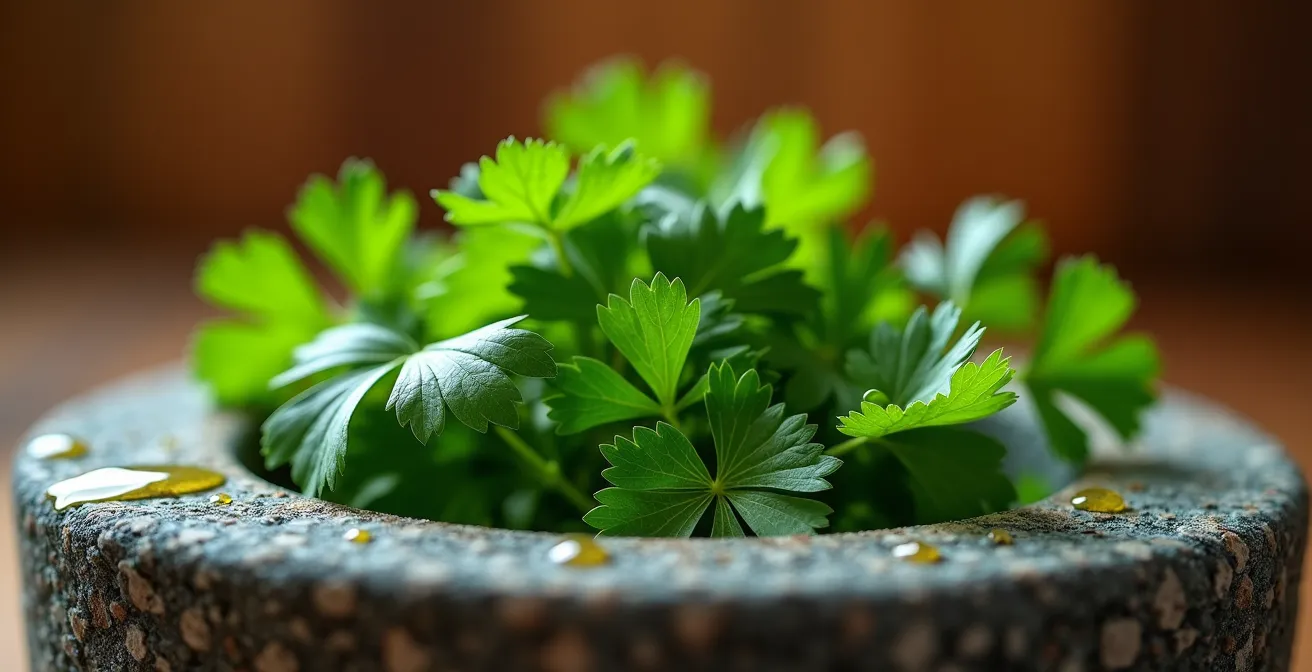 Makroaufnahme von frischer Petersilie, die in einem Mörser zerstoßen wird, wobei die Freisetzung von ätherischen Ölen sichtbar wird.