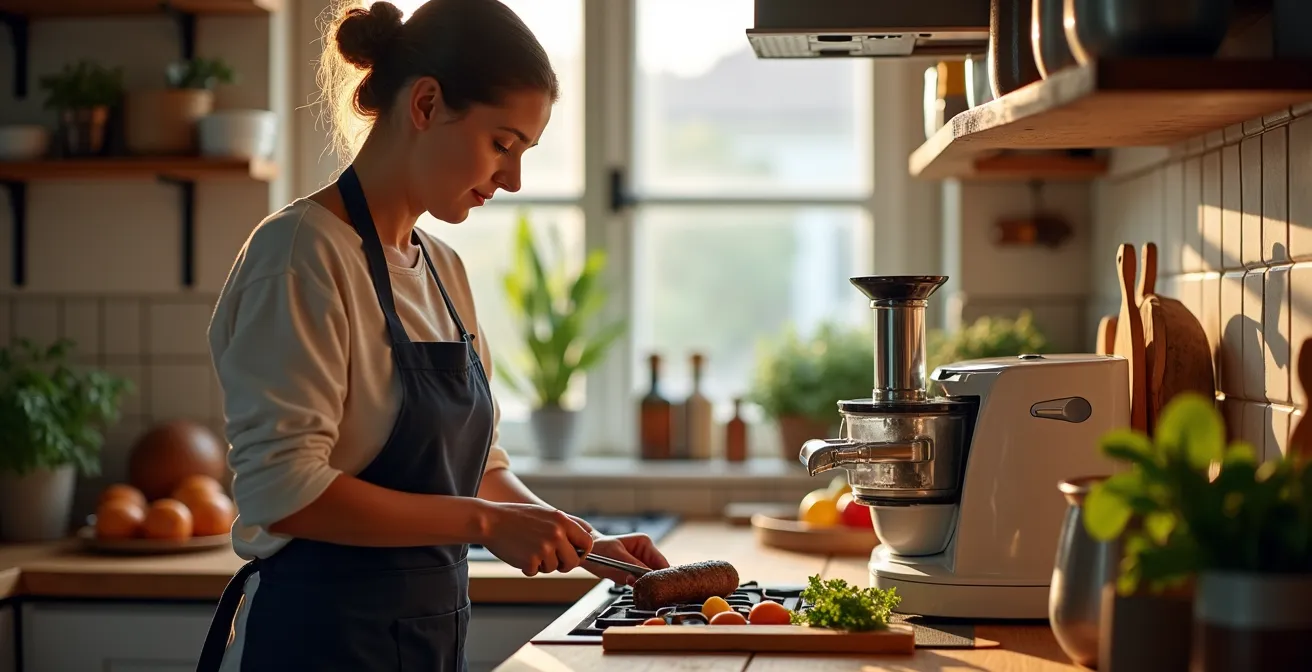 Küchenmaschine verarbeitet Gemüse während Koch andere Aufgaben erledigt