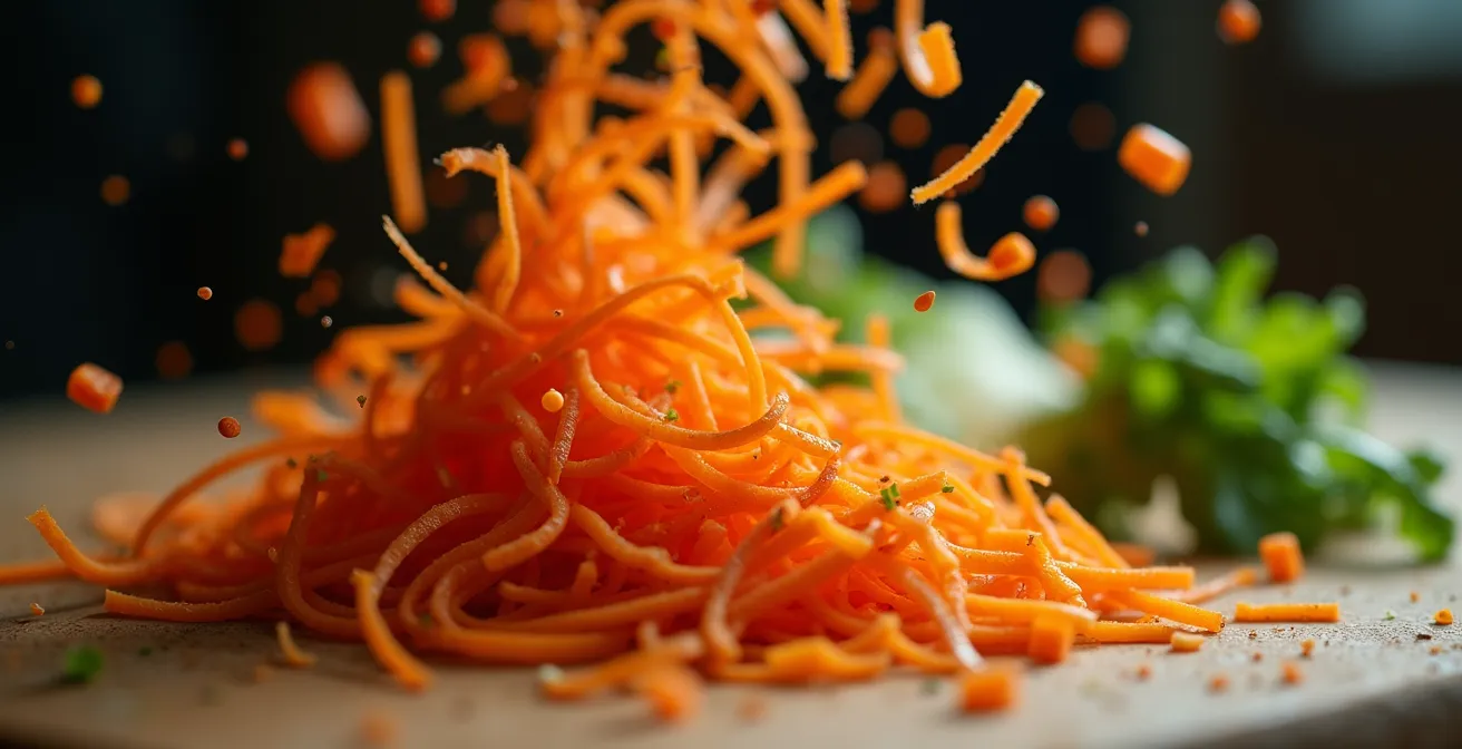 Nahaufnahme von Gemüse in Bewegung beim maschinellen Raspeln