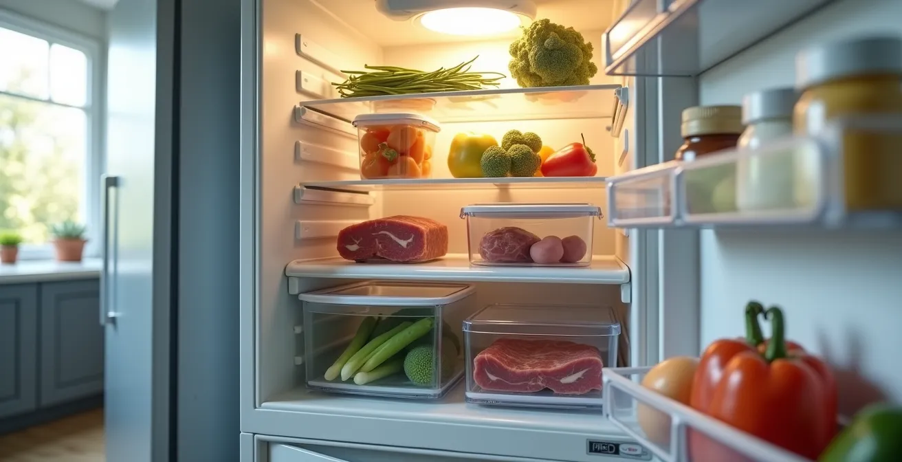 Seitliche Ansicht eines geöffneten Kühlschranks mit farblich markierten Temperaturzonen