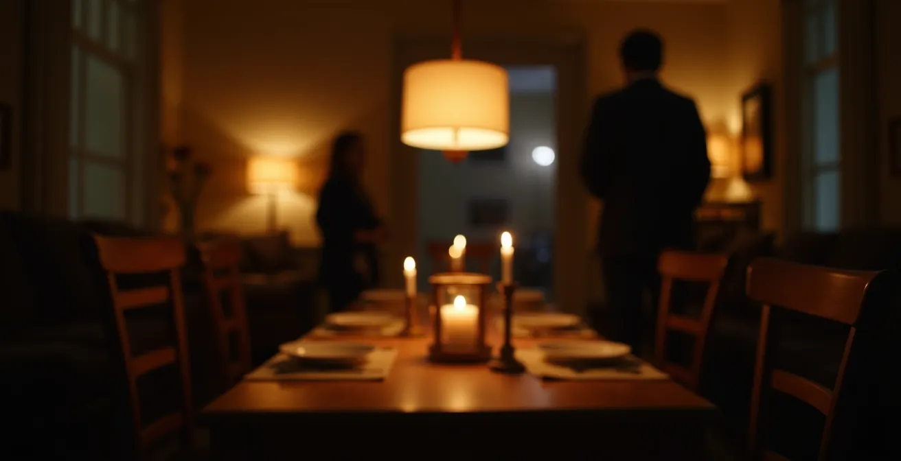 Ein elegant gedeckter Esstisch, der von einer warmen Pendelleuchte als Lichtinsel inszeniert wird, während die Umgebung in sanften Schatten liegt.