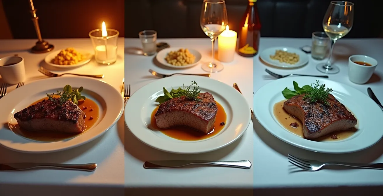 Vergleich eines Steaks unter verschiedenen Lichttemperaturen
