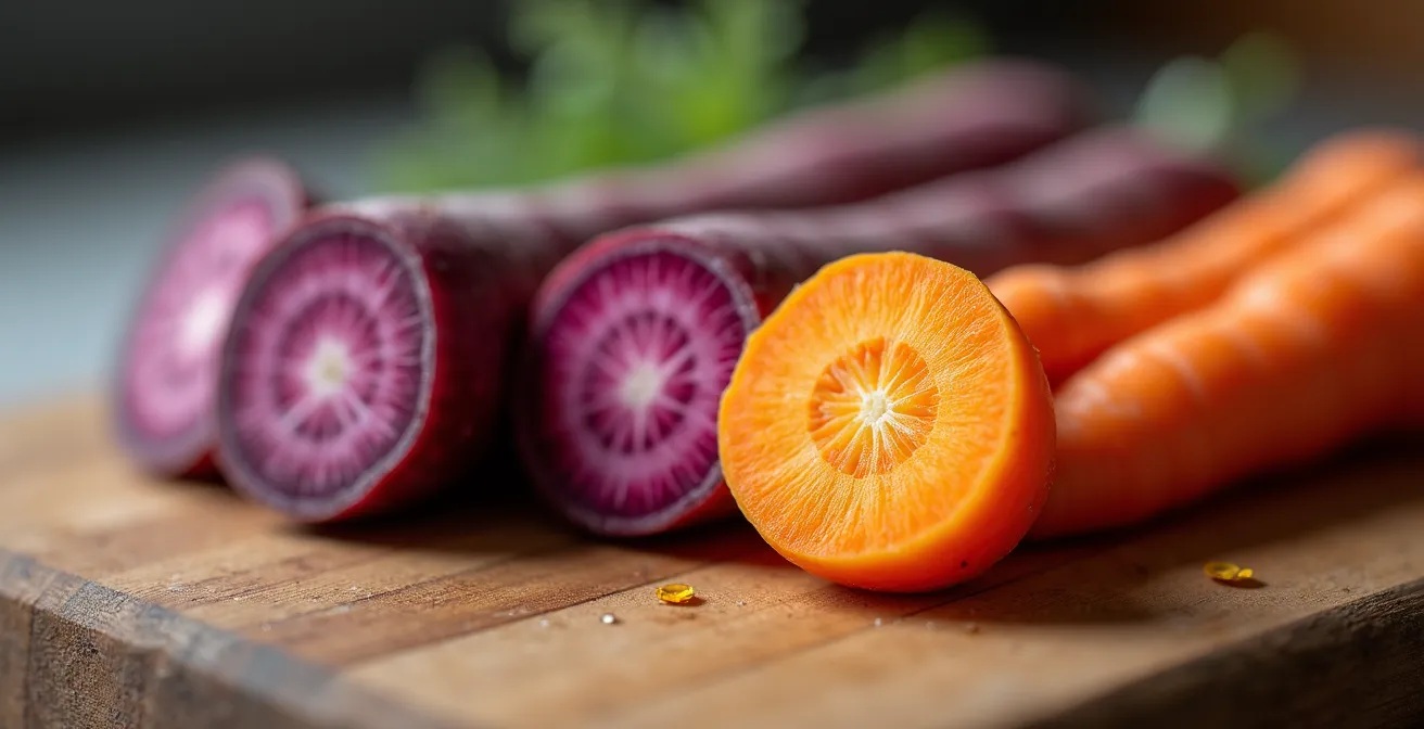 Violette und orange Karotten im Querschnitt auf einem rustikalen Holzbrett, das den Unterschied in der Pigmentierung zeigt.