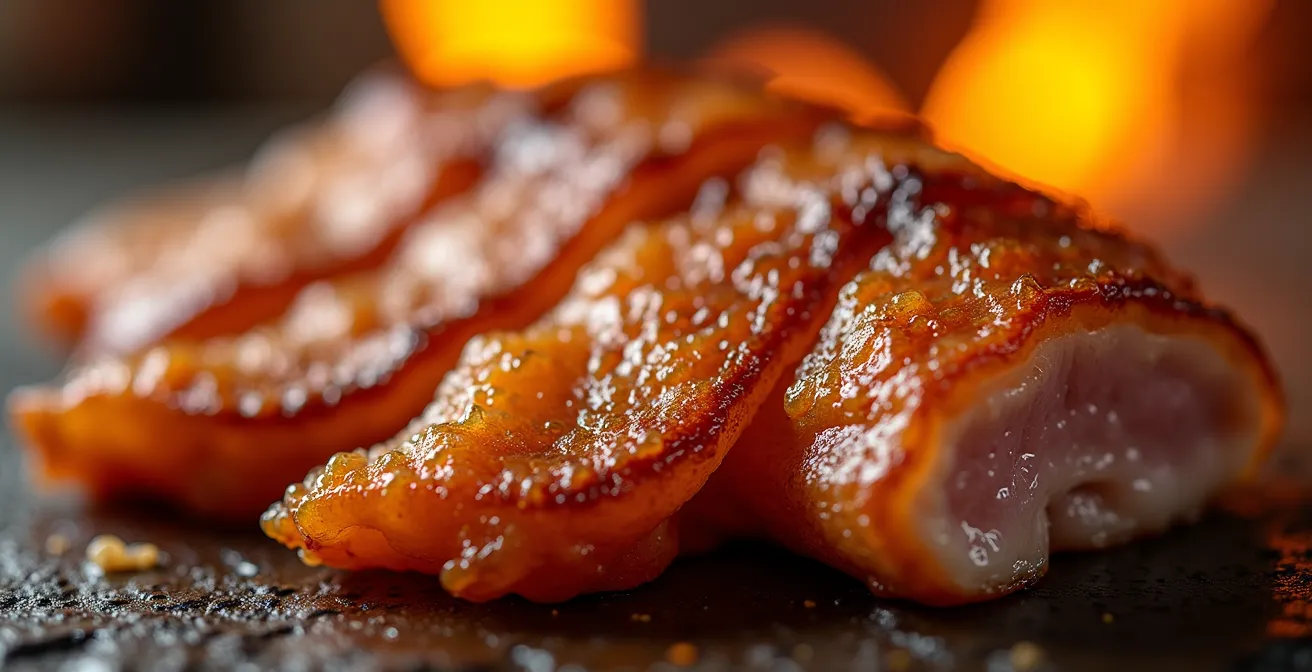 Extreme Nahaufnahme einer goldbraunen Schweinekruste mit sichtbaren Karamellisierungsstufen