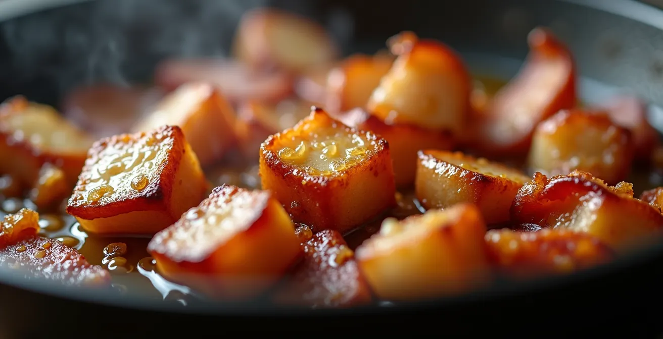 Extreme Nahaufnahme von karamellisierten Zwiebeln und krossem Speck in einer Pfanne, die die Maillard-Reaktion zeigt.