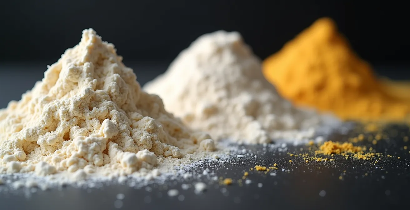 Verschiedene Mehltypen für Pasta im Vergleich auf dunklem Untergrund