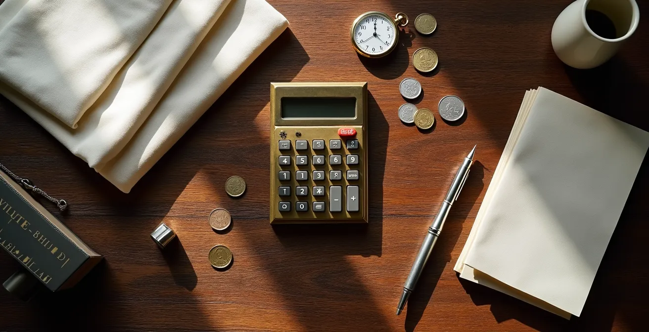 Detailaufnahme von Mietverträgen und Taschenrechner auf elegantem Holztisch