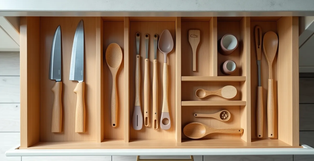 Organisierte Küchenschublade mit modularen Einsätzen aus Bambus