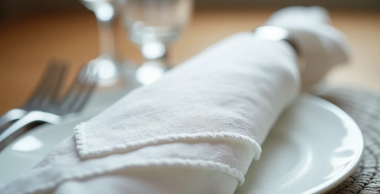 Elegante geometrisch gefaltete Leinenserviette auf gedecktem Tisch