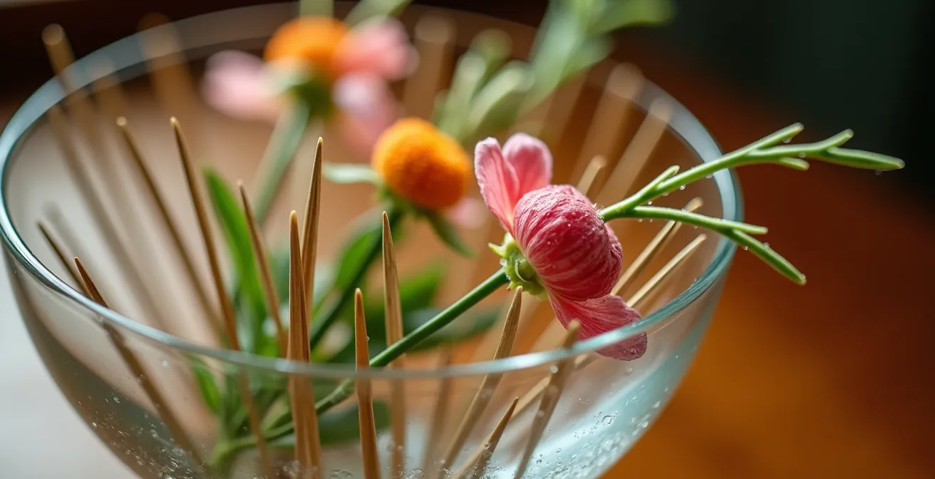 Blumenarrangement mit japanischem Kenzan-Steckigel statt Steckschaum