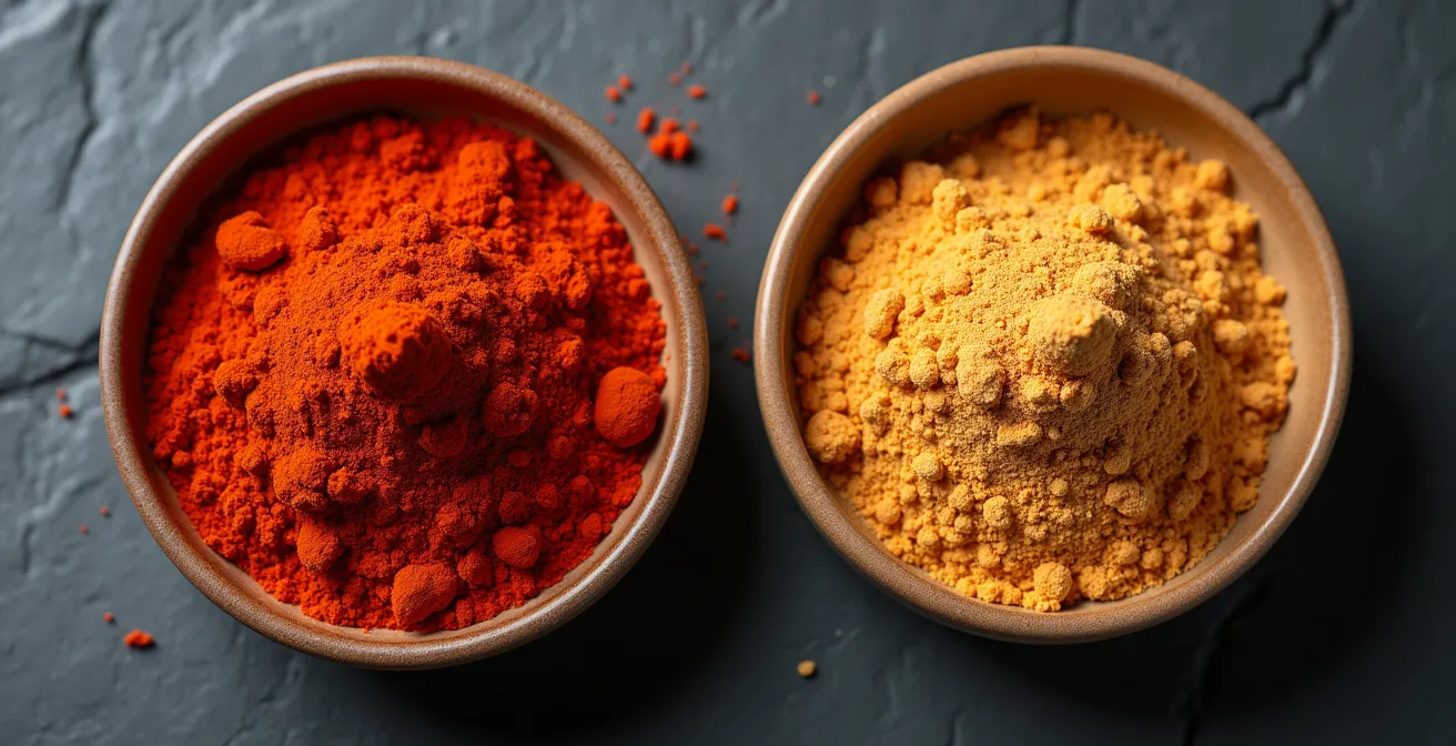 Vergleich von frischem rotem und ausgeblichenem gelbem Paprikapulver in Schalen