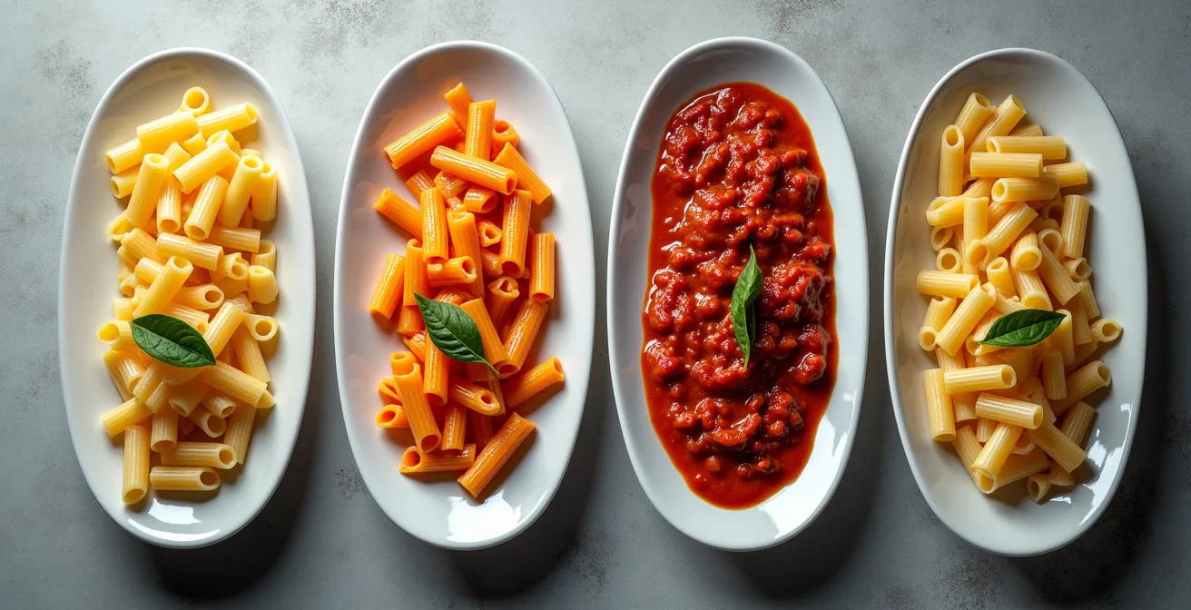 Verschiedene Pastaformen mit passenden Saucen auf unterschiedlichen Tellertypen, die die ideale Paarung zeigen