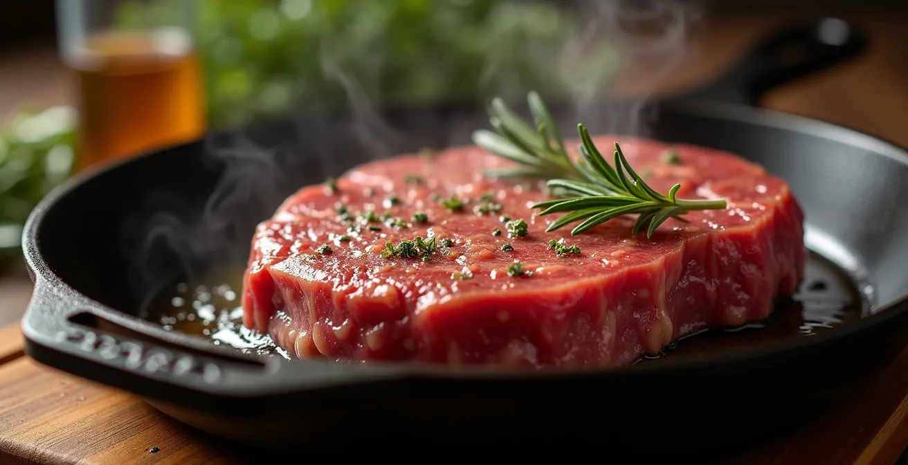 Rinderfilet wird in heißer Gusseisenpfanne mit Rosmarin und Knoblauch scharf angebraten
