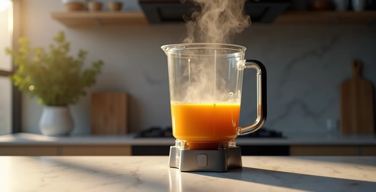 Dampfende Suppe im Hochleistungsmixer durch Reibungswärme