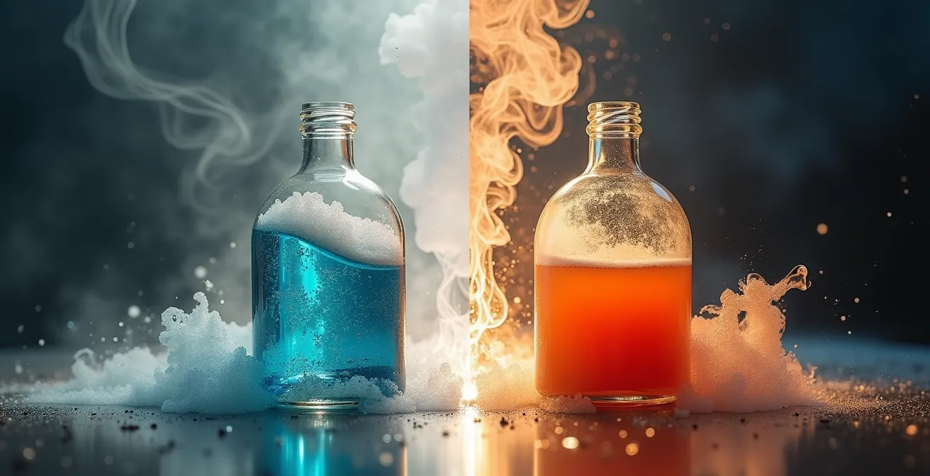 Nahaufnahme von Reinigungschemie mit sichtbaren pH-Reaktionen auf verschiedenen Oberflächen