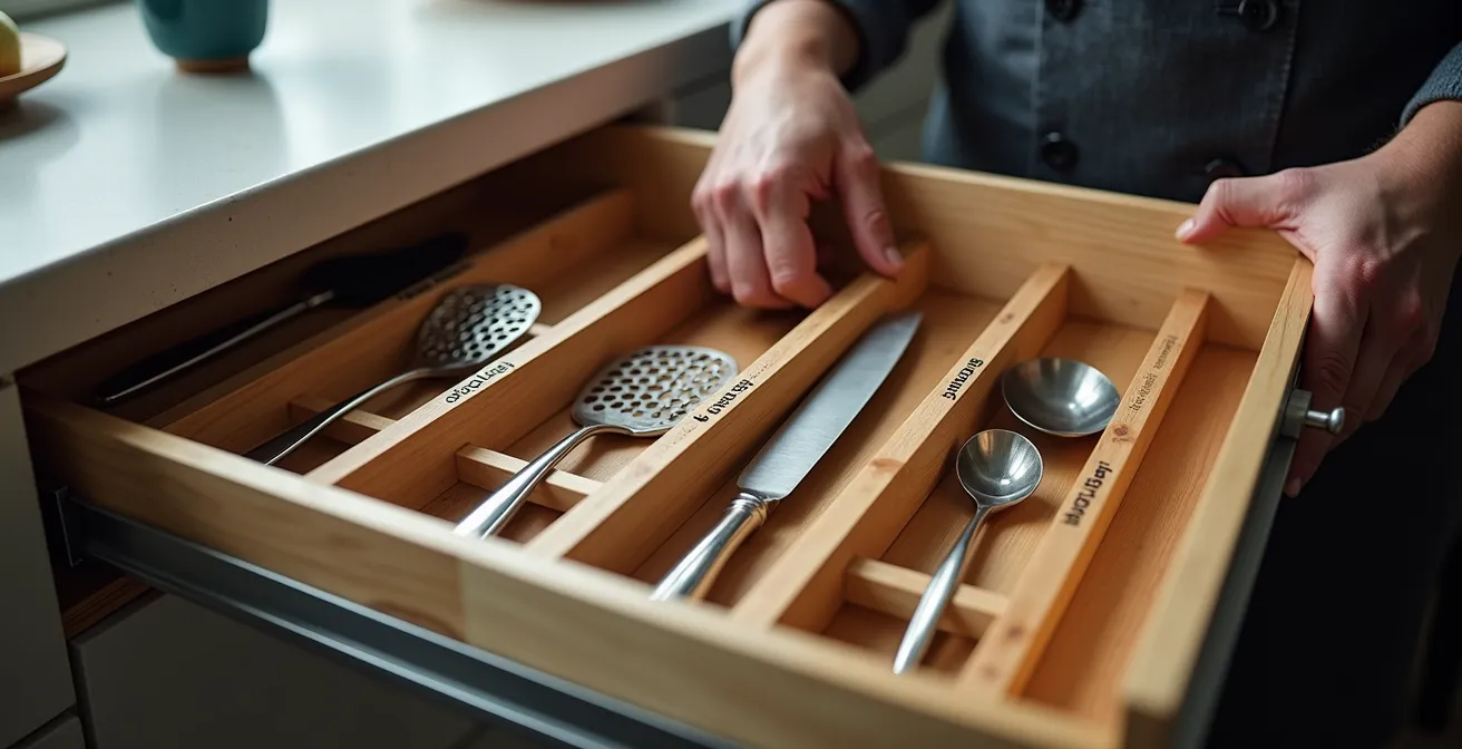 Organisierte Küchenschublade mit vertikaler Lagerung und Tätigkeitszonen