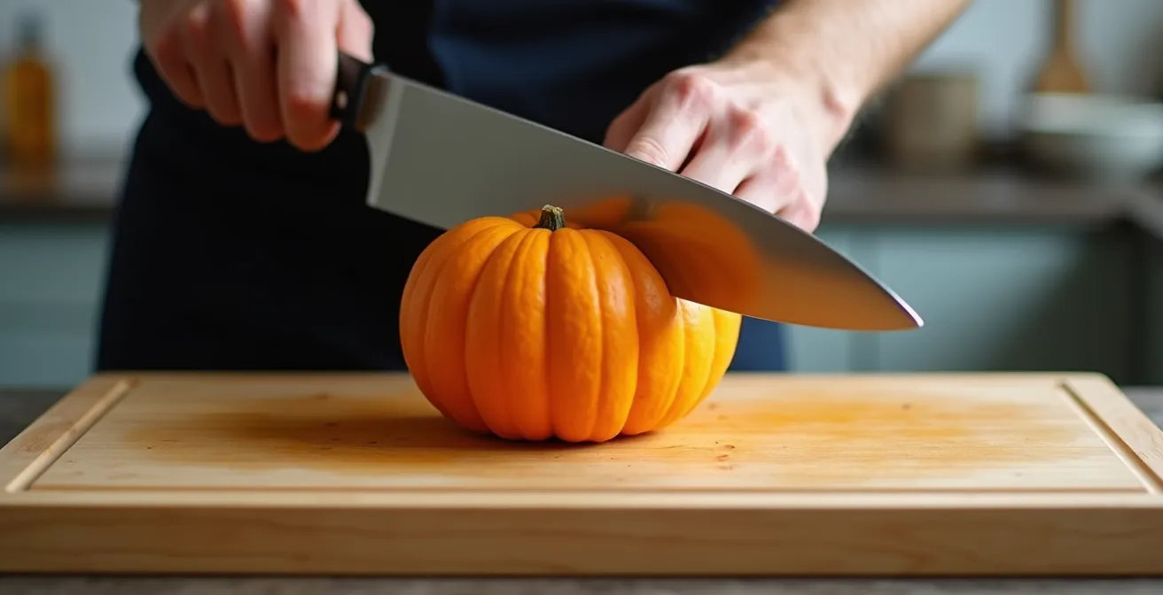 Eine Person schneidet sicher einen harten Kürbis auf einem schweren, stabilen Holzbrett, das nicht verrutscht.