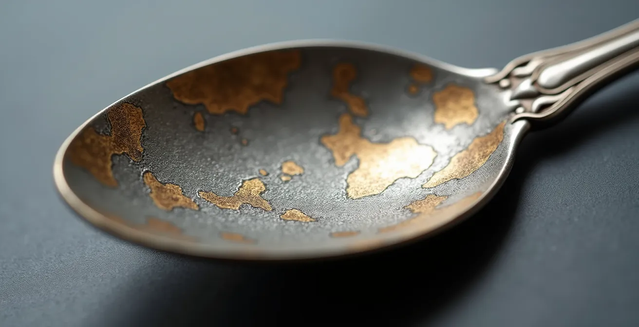 Makroaufnahme von angelaufenem Silberlöffel mit dunklen Verfärbungen
