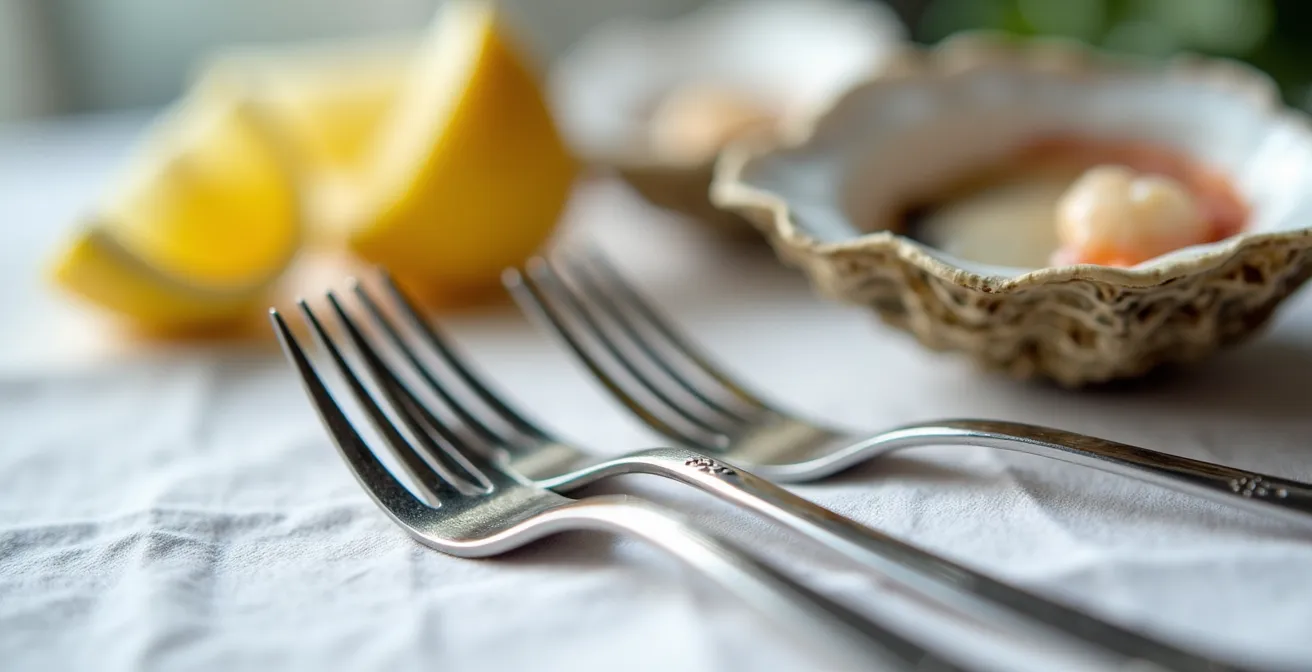 Nahaufnahme von Spezialbesteck für Meeresfrüchte neben einem eleganten Teller
