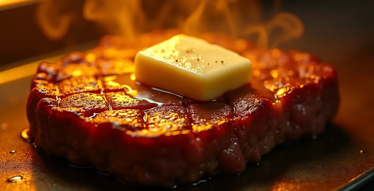 Makroaufnahme eines Steaks unter professioneller Wärmelampe mit sichtbaren Fleischfasern